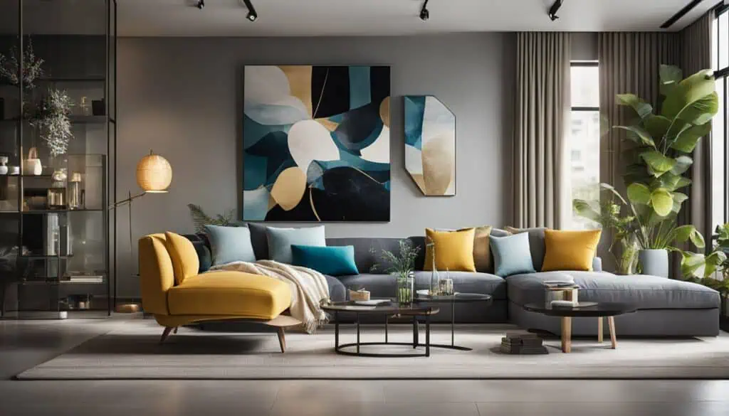 Contemporary living room with abstract wall art and vibrant decor.