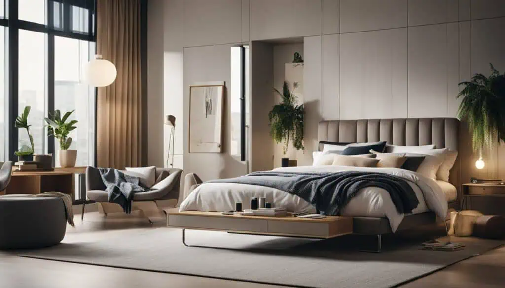 Elegant bedroom featuring contemporary design, plush bedding, and abundant sunlight for a relaxing a.