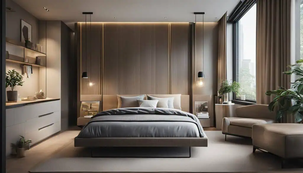 Elegant bedroom interior with contemporary design and cozy ambiance.