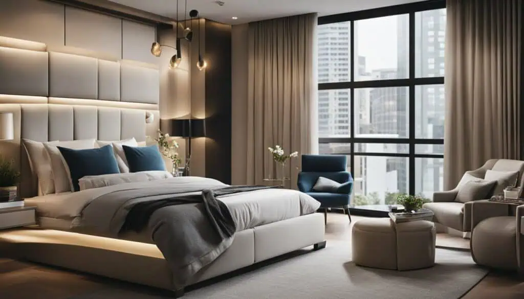 Luxury bedroom with city skyline view, plush bedding, and contemporary furnishings.