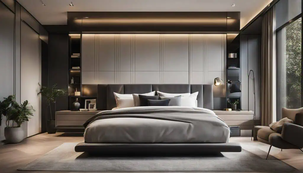Elegant bedroom interior with contemporary decor and soft lighting for a relaxing atmosphere.