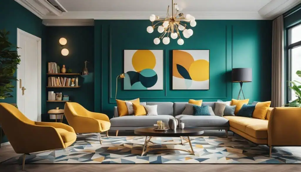 Stylish living room with teal walls, yellow accents, and contemporary decor.
