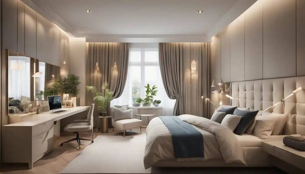 Luxurious bedroom featuring contemporary design, soft lighting, and cozy furnishings for a relaxing.