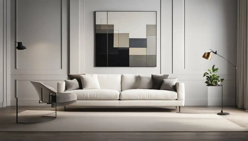 Stylish living room featuring a sleek white sofa, contemporary art, and sophisticated lighting for a.