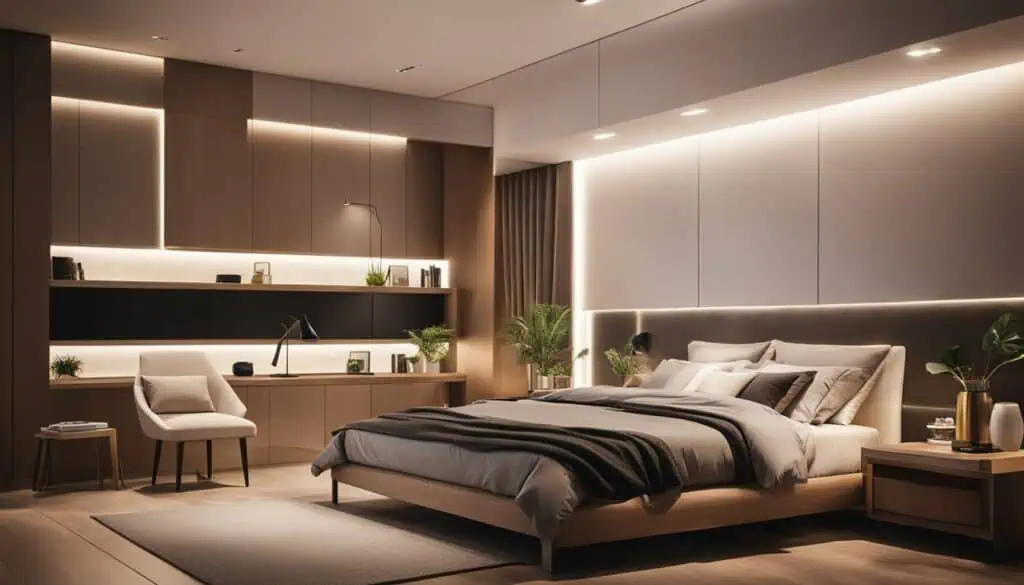 Luxurious bedroom interior with sleek design and cozy ambiance.