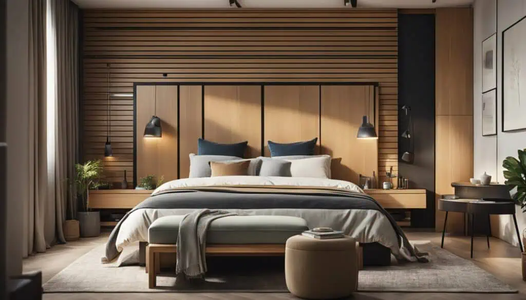 Elegant bedroom featuring a wooden accent wall, stylish lighting, and plush bedding for a relaxing r.