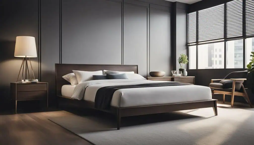 Elegant bedroom with dark wood furniture, large windows, and cozy decor.