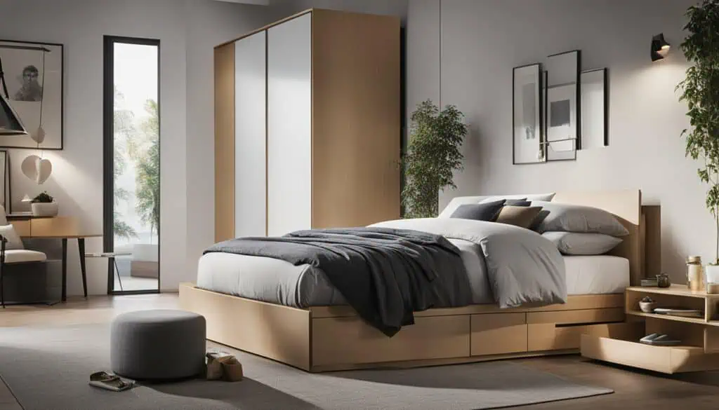 Elegant bedroom featuring a sleek wooden bed, soft bedding, and contemporary decor elements.