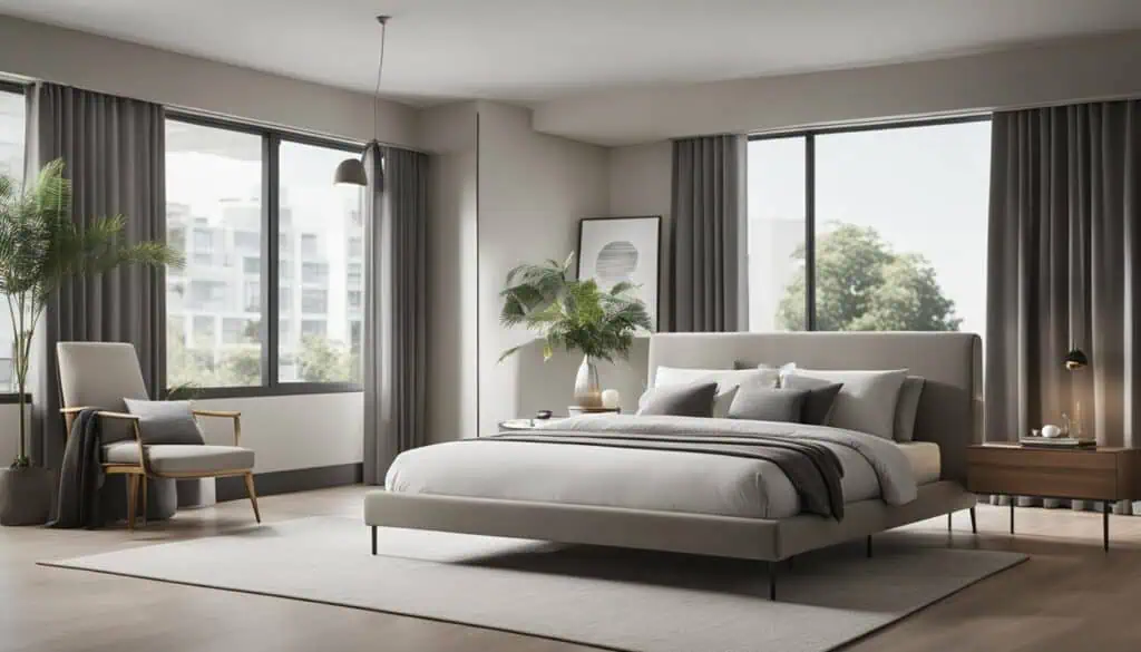 Elegant bedroom with large windows, neutral tones, and stylish furniture.
