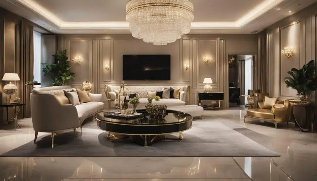 Elegant luxury living room with sophisticated decor and ambient lighting.