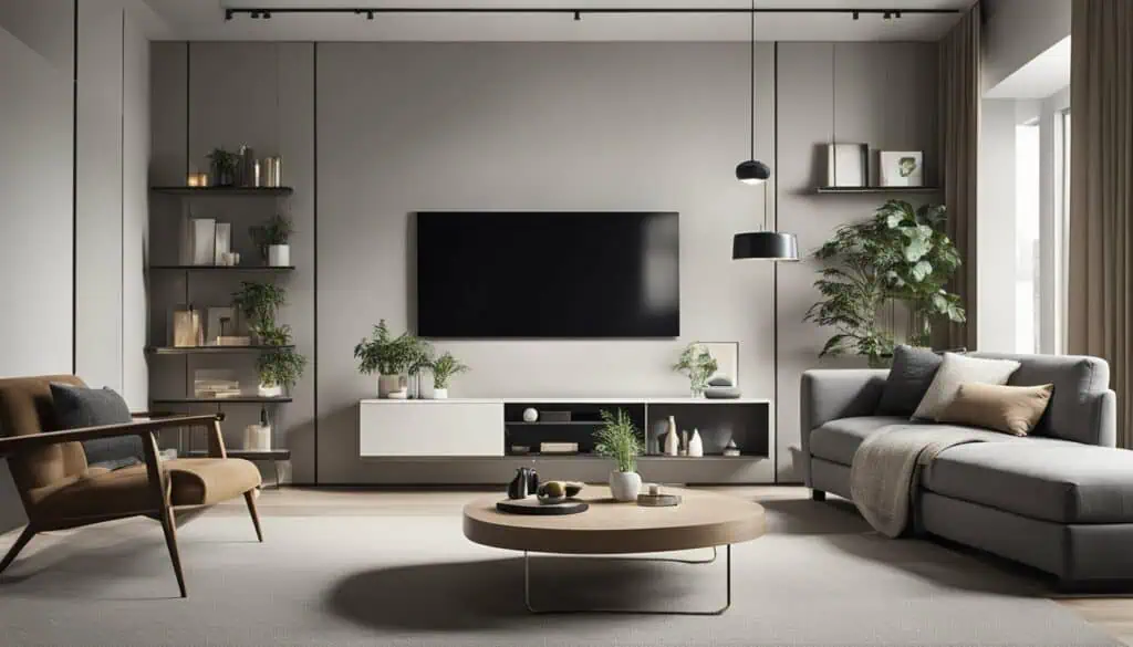 Elegant living room with sleek furniture, wall-mounted TV, and lush greenery for a cozy, contemporar.