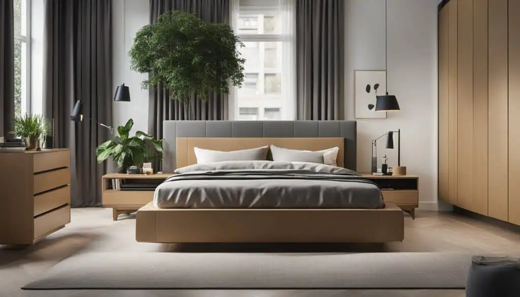Modern bedroom with minimalist decor, neutral tones, and large windows letting in natural light.