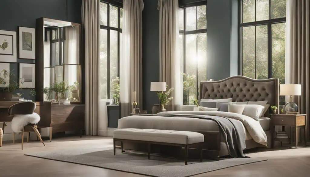 Elegant modern bedroom with large windows and stylish decor.
