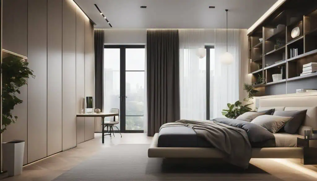 Modern bedroom with minimalist decor, natural light, and stylish furniture for a luxurious living sp.