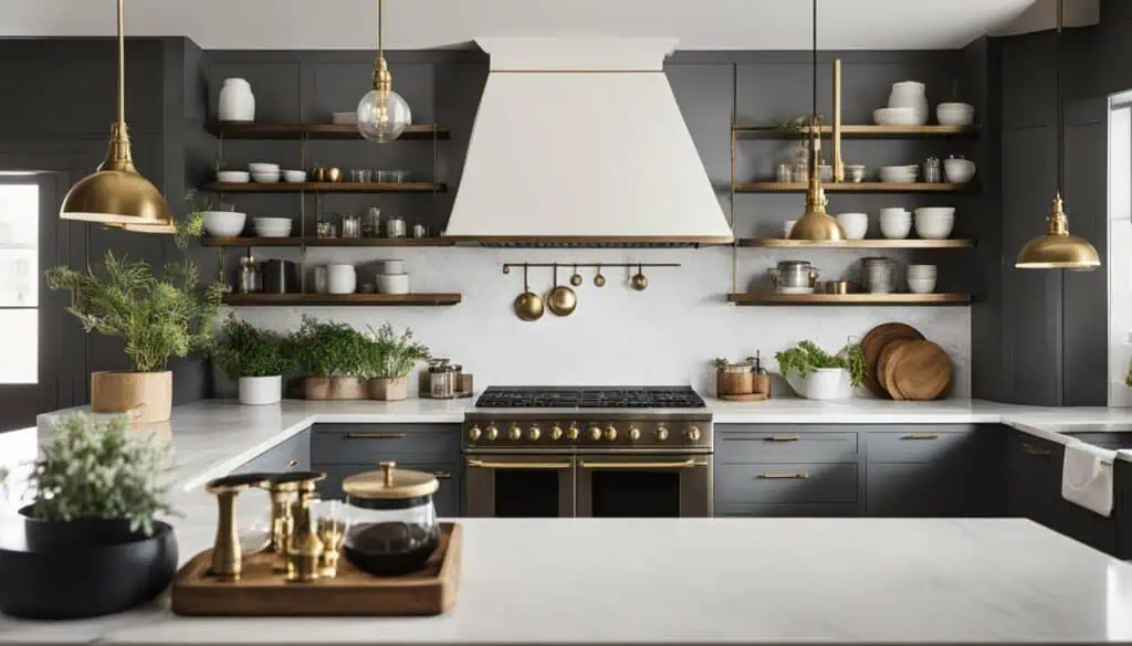 Elegant black and white kitchen with open shelves, gold pendant lights, and stylish decor elements.