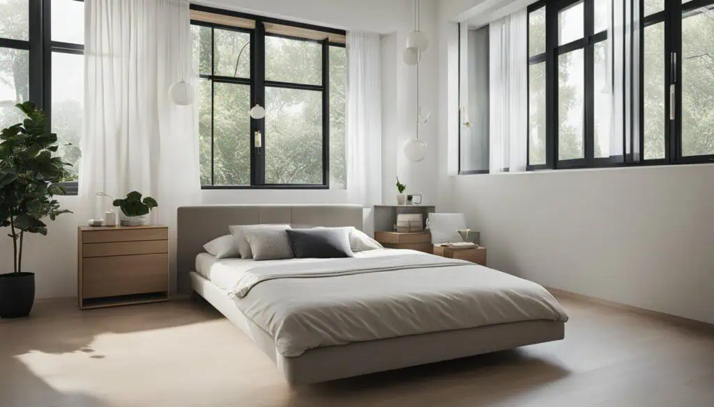 Bright minimalist bedroom with large windows and serene decor.