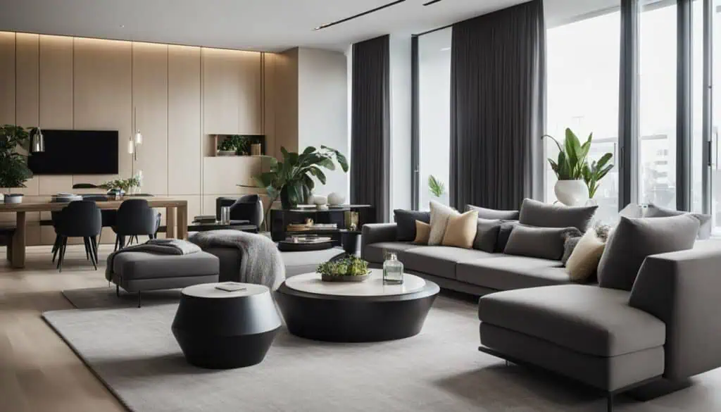 Elegant living room with contemporary furniture, natural light, and lush indoor plants for a sophist.