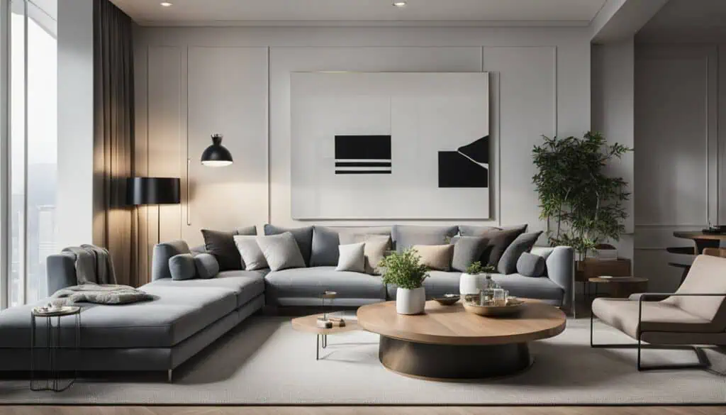 Elegant modern living room featuring stylish furniture and contemporary art. Perfect for sophisticat.