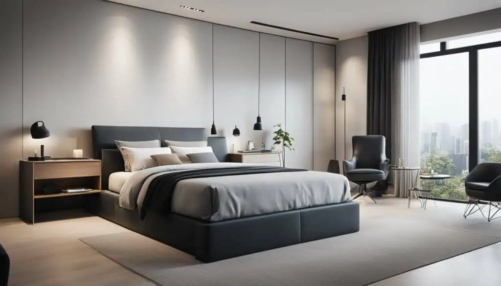Elegant modern bedroom with city skyline view and contemporary furnishings.