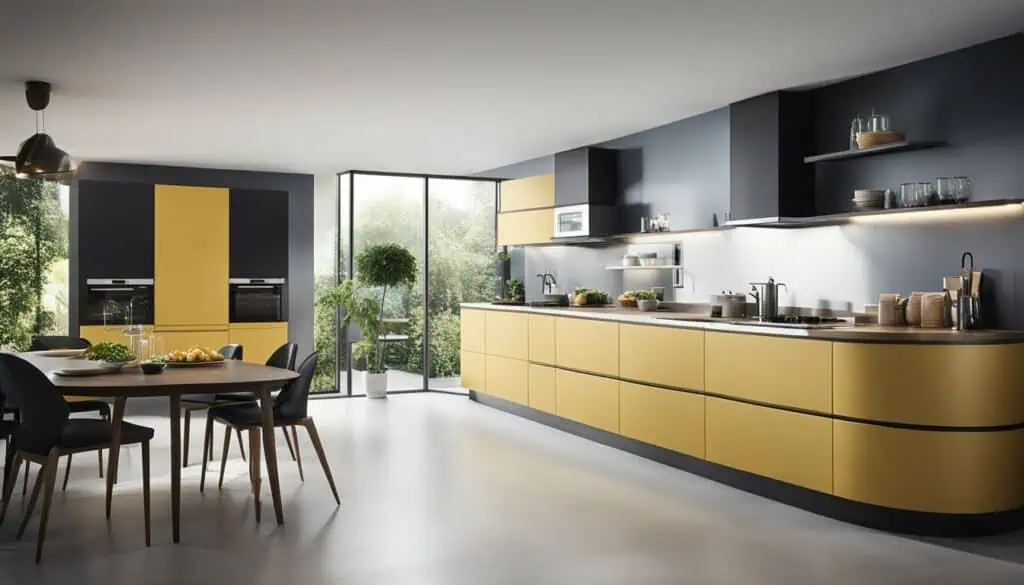 Bright, contemporary kitchen featuring yellow cabinetry and black accents.