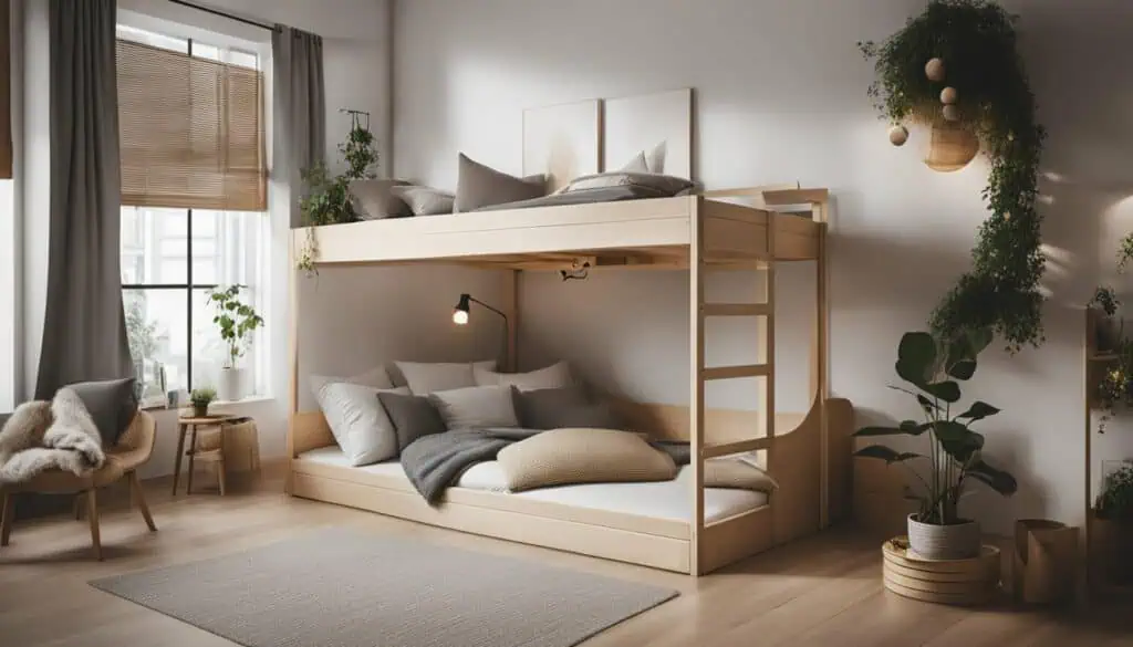 Stylish wooden bunk bed in a bright, cozy bedroom with plants and natural light.