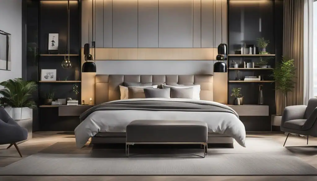 Elegant bedroom with contemporary design, plush bedding, and ambient lighting for a relaxing atmosph.