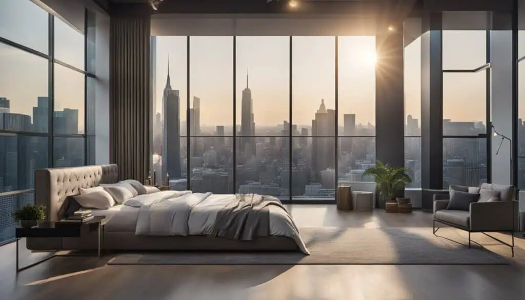 Luxurious bedroom with floor-to-ceiling windows showcasing a stunning city skyline at sunset.