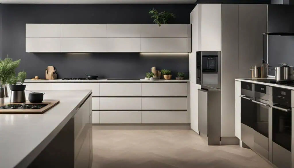 Contemporary kitchen featuring white and black cabinets, stainless steel oven, and modern design ele.