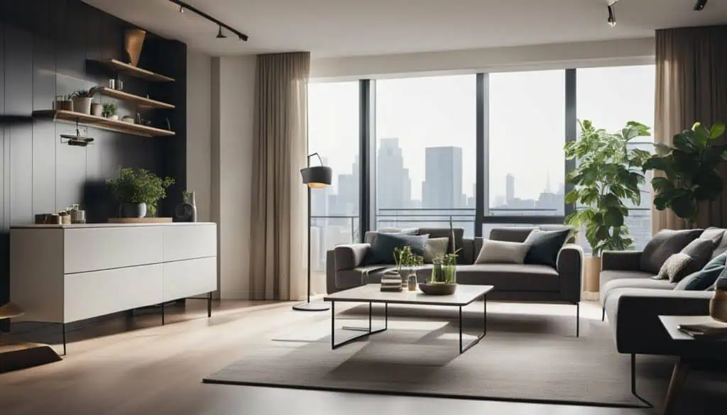 Bright living room with large windows overlooking a city skyline.