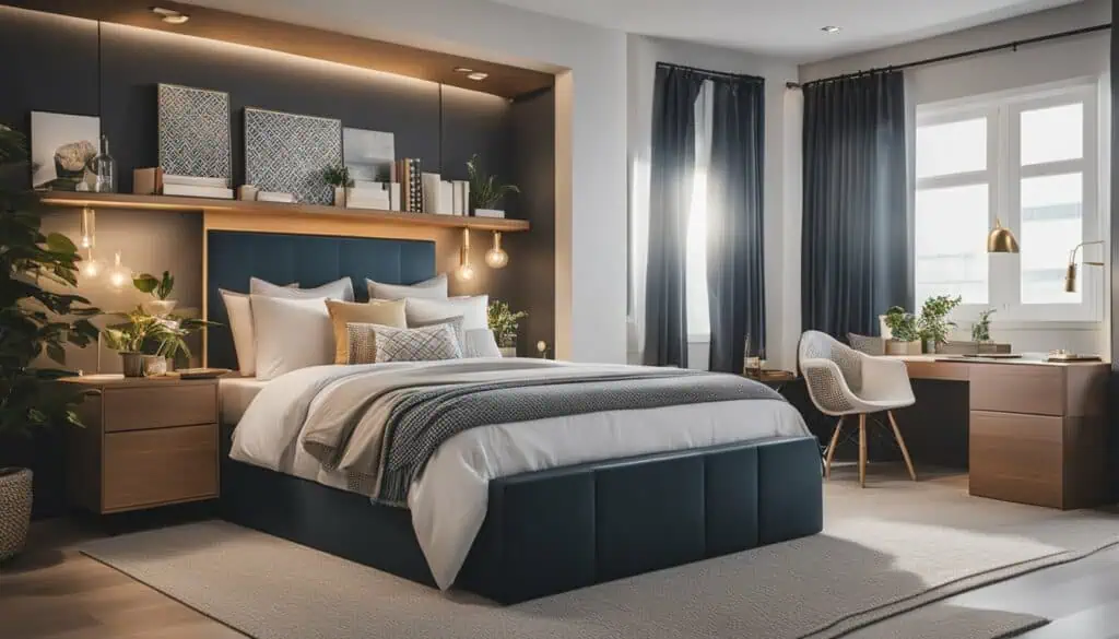 Stylish bedroom featuring a plush bed, contemporary furniture, and natural light for a relaxing ambi.