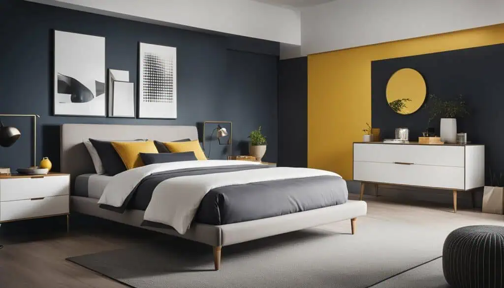 Stylish bedroom featuring yellow and navy blue walls with modern furniture.