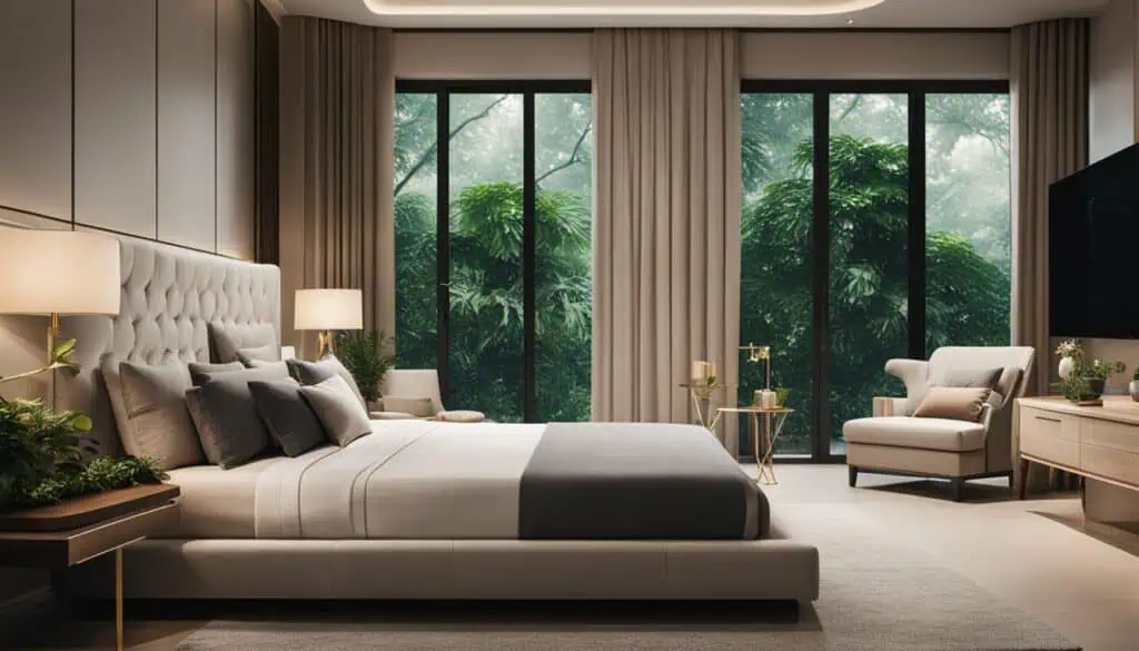 Elegant bedroom with large windows and lush greenery view outside.