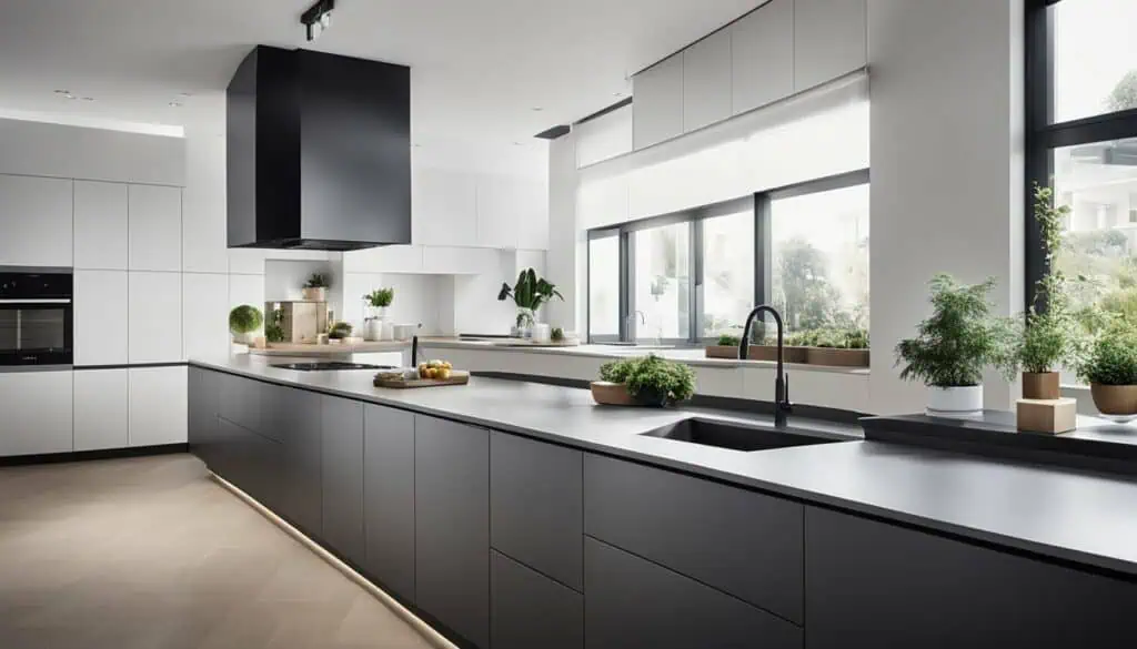 Spacious contemporary kitchen featuring black lower cabinets, white upper cabinets, and ample natura.