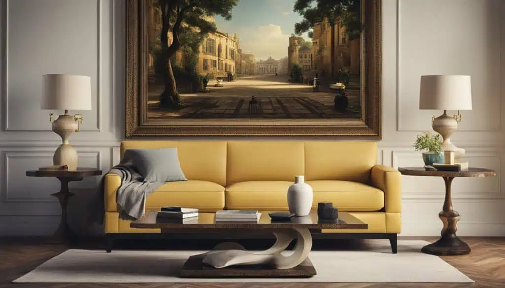 Stylish living room featuring a yellow sofa, artwork, and sophisticated decor elements.