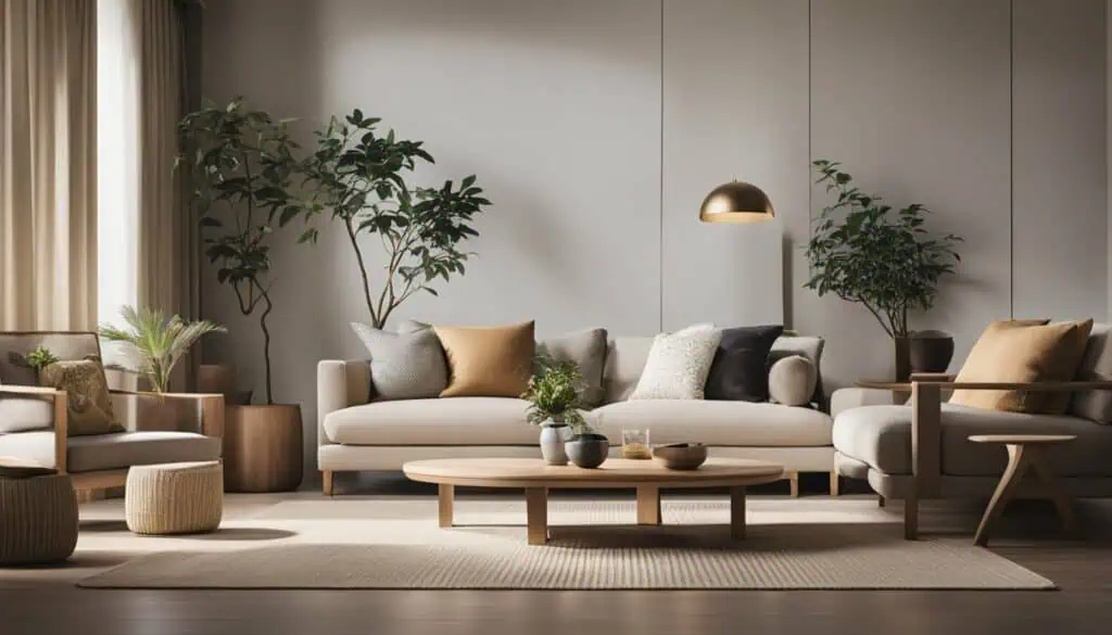 Spacious living room featuring a contemporary sofa, cozy cushions, and lush indoor plants for a rela.