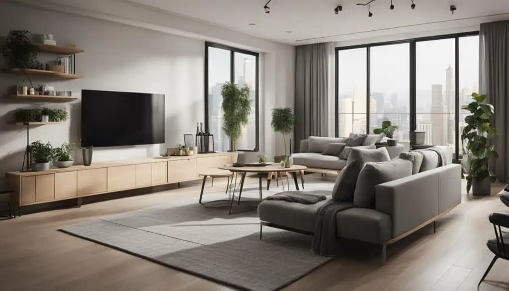 Bright living room with large windows, stylish furniture, and lush indoor plants for a relaxing home.