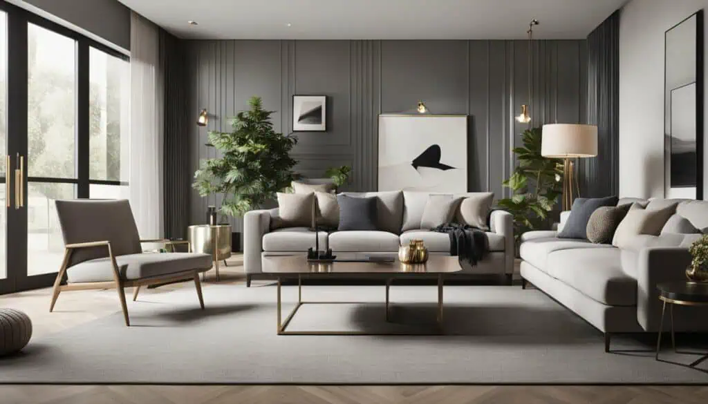 Elegant living room featuring neutral-toned sofas, stylish decor, and lush green plants for a sophis.