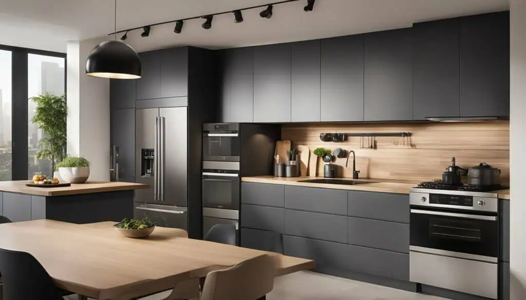 Modern black and wood kitchen with appliances, natural light, and sleek design.