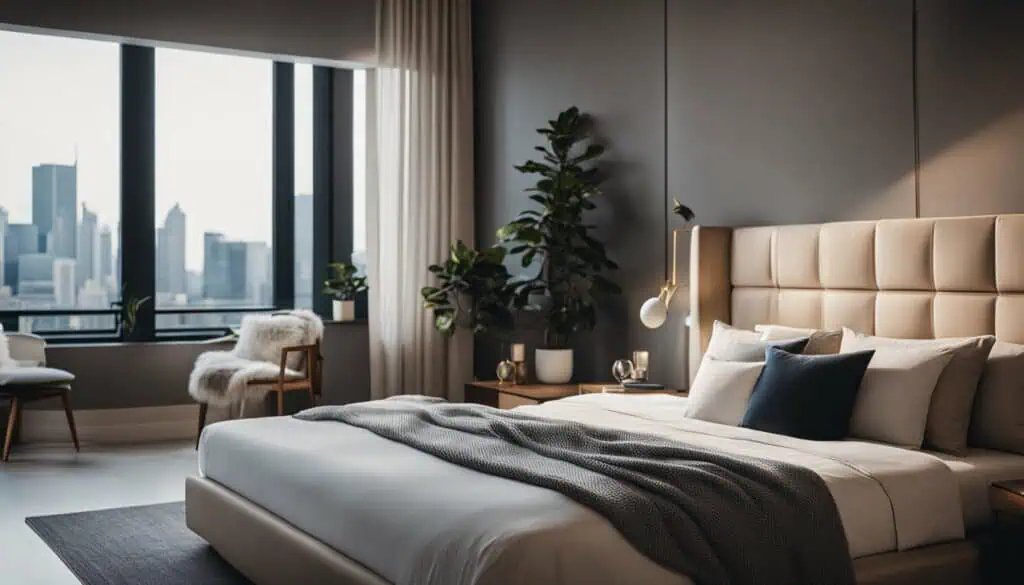 Luxury bedroom with city skyline view, plush bedding, and stylish decor.
