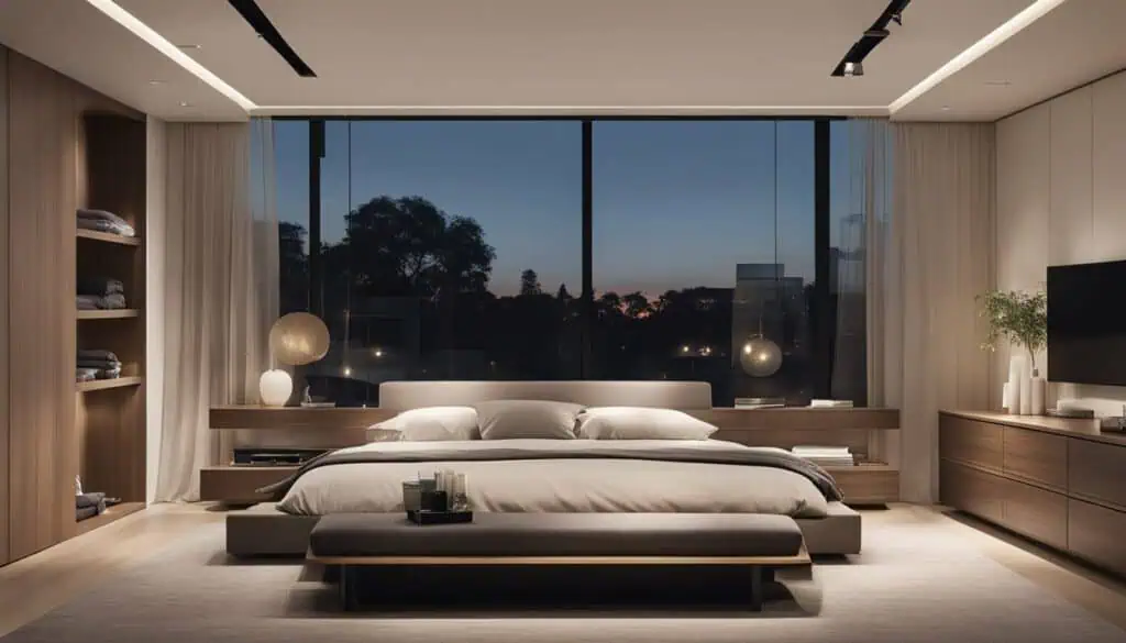 Elegant bedroom with large window, modern furniture, and ambient lighting for a luxurious feel.