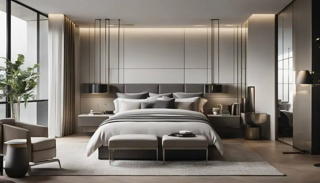 Luxurious bedroom featuring contemporary design, soft lighting, and cozy bedding for a relaxing retr.