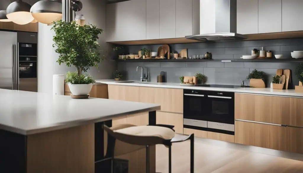 Elegant contemporary kitchen featuring sleek wooden cabinetry and a stylish gray backsplash.