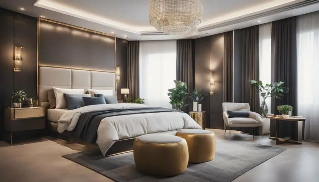 Elegant modern bedroom with stylish decor, soft lighting, and plush bedding.