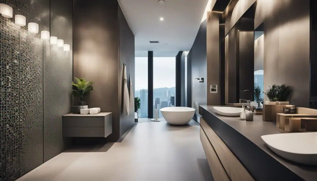 Contemporary bathroom with double sinks, stylish decor, and city skyline view.