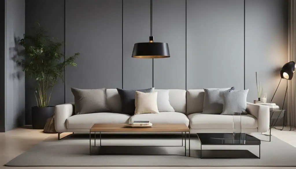 Elegant living room with a white sofa, black pendant light, and contemporary furniture.