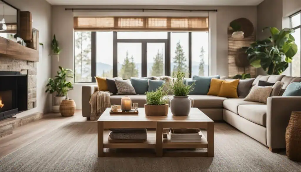 Bright living room with large windows and scenic mountain views.