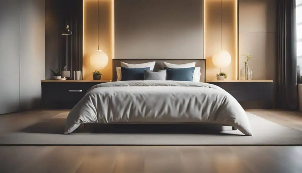 Elegant bedroom with modern lighting and cozy bedding.