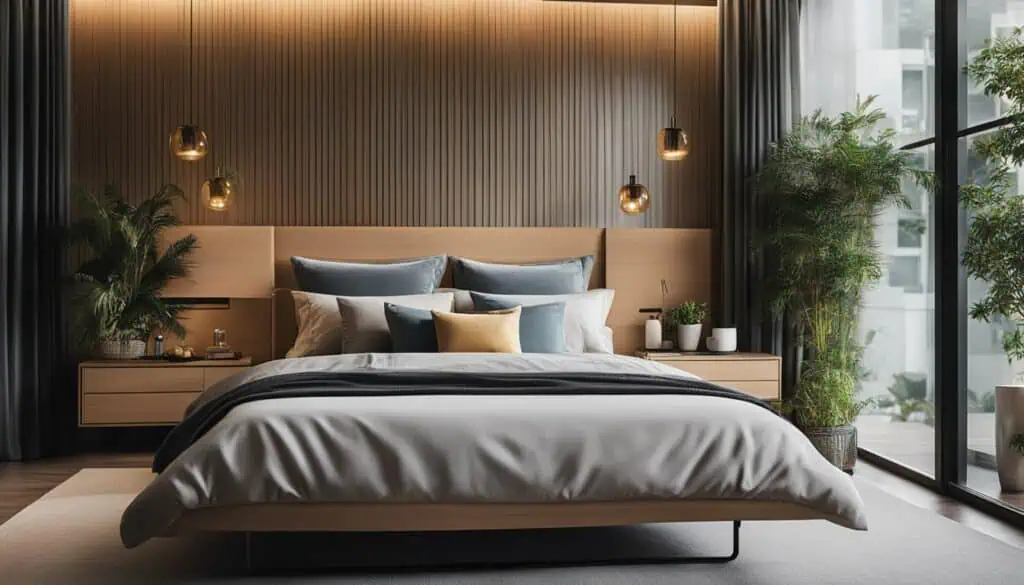 Elegant bedroom with contemporary design, plush bedding, and large windows for a bright, inviting at.