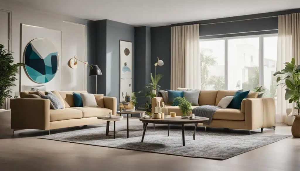 Modern living room with stylish sofas and contemporary decor.