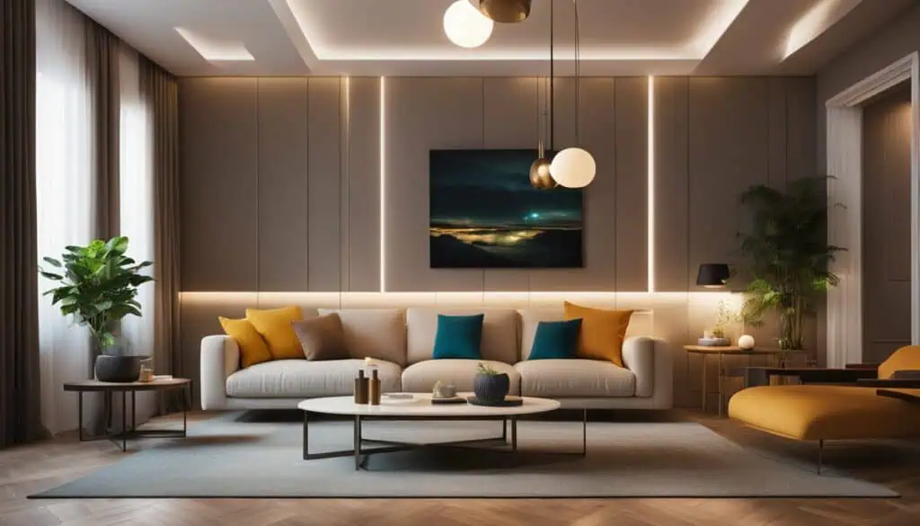 Modern living room with stylish sofa, decorative pillows, and soft ambient lighting.